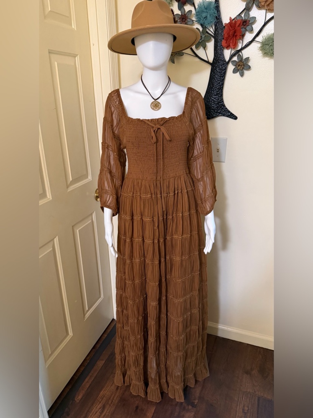 Bohemian Smocked Maxi Dress in Brown NWT by Indie Blue